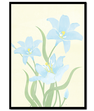 Ilustración elegante de flores azul claro con tallos verdes