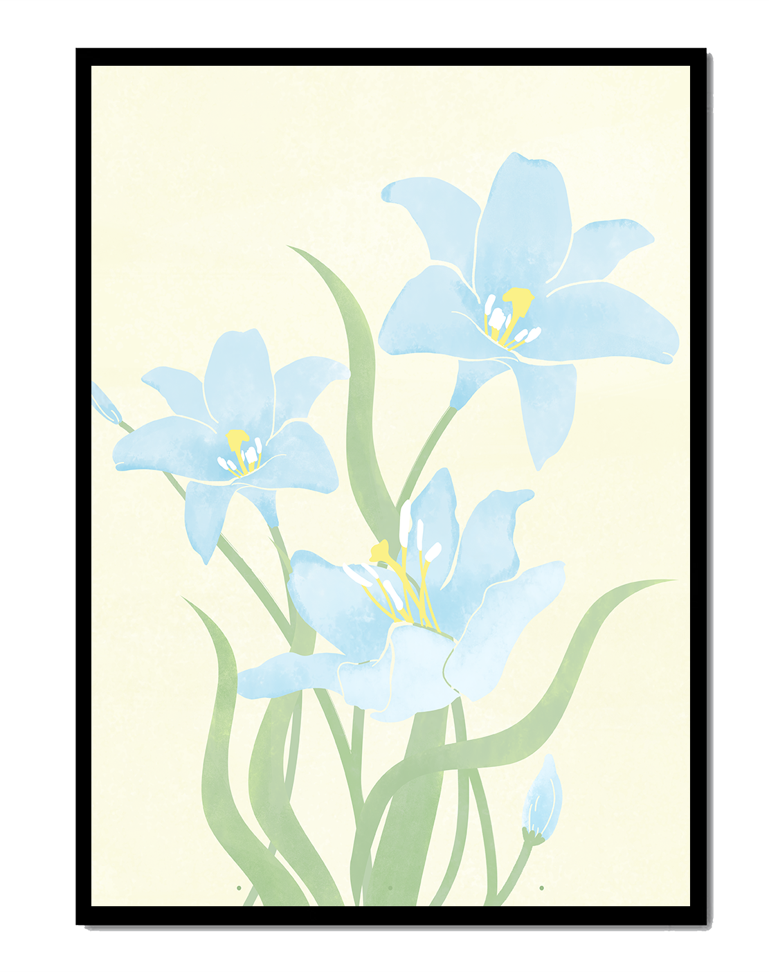 Ilustración elegante de flores azul claro con tallos verdes