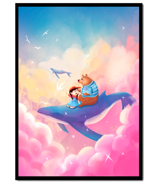 Fantasy illustration of girl and bear riding a whale through colorful clouds