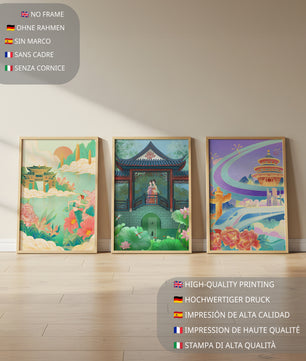 Asiatische Illustrationen mit floralen und architektonischen Elementen