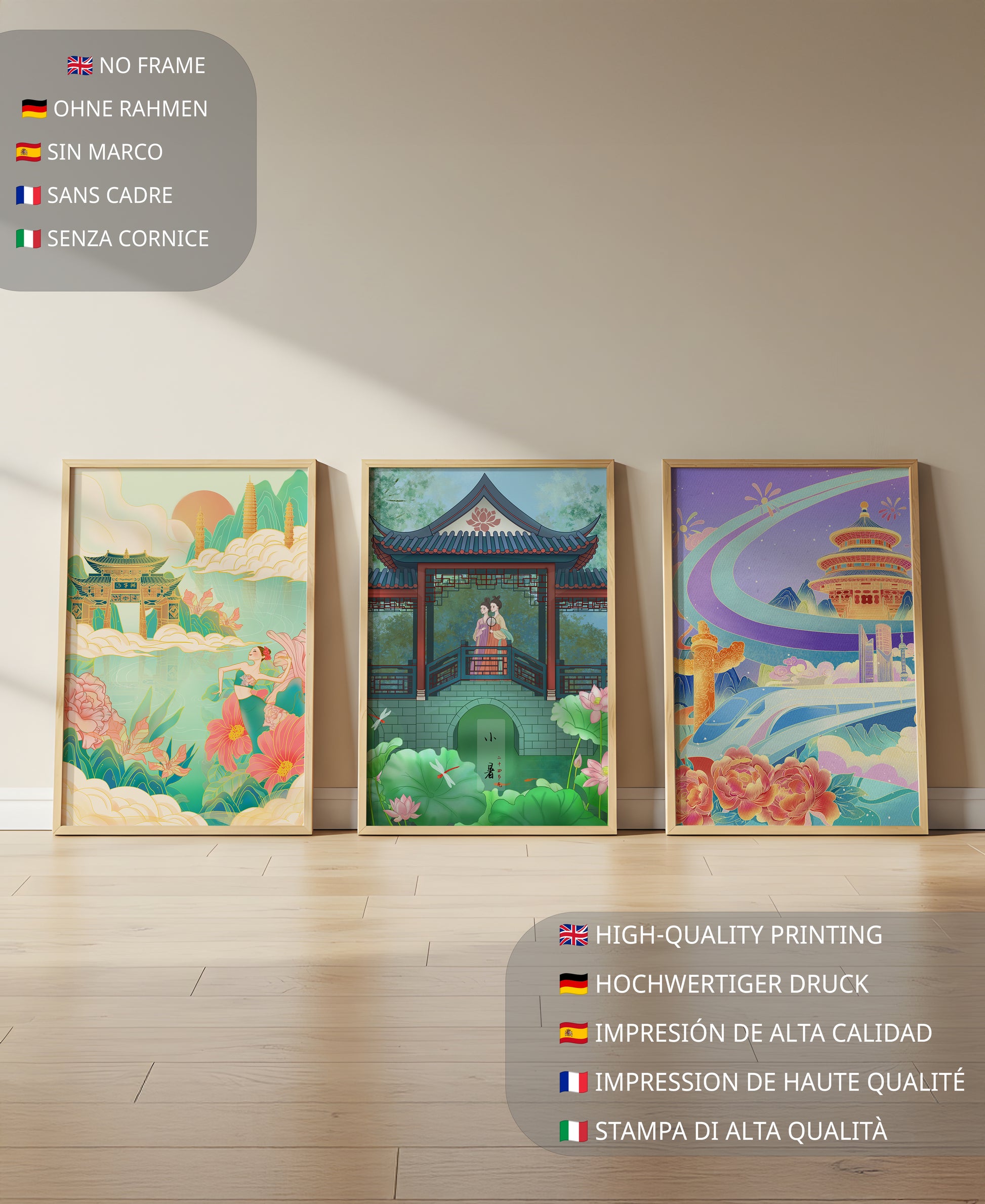 Asiatische Illustrationen mit floralen und architektonischen Elementen