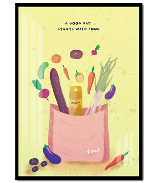 Ilustración de vegetales frescos y leche en una bolsa de comestibles