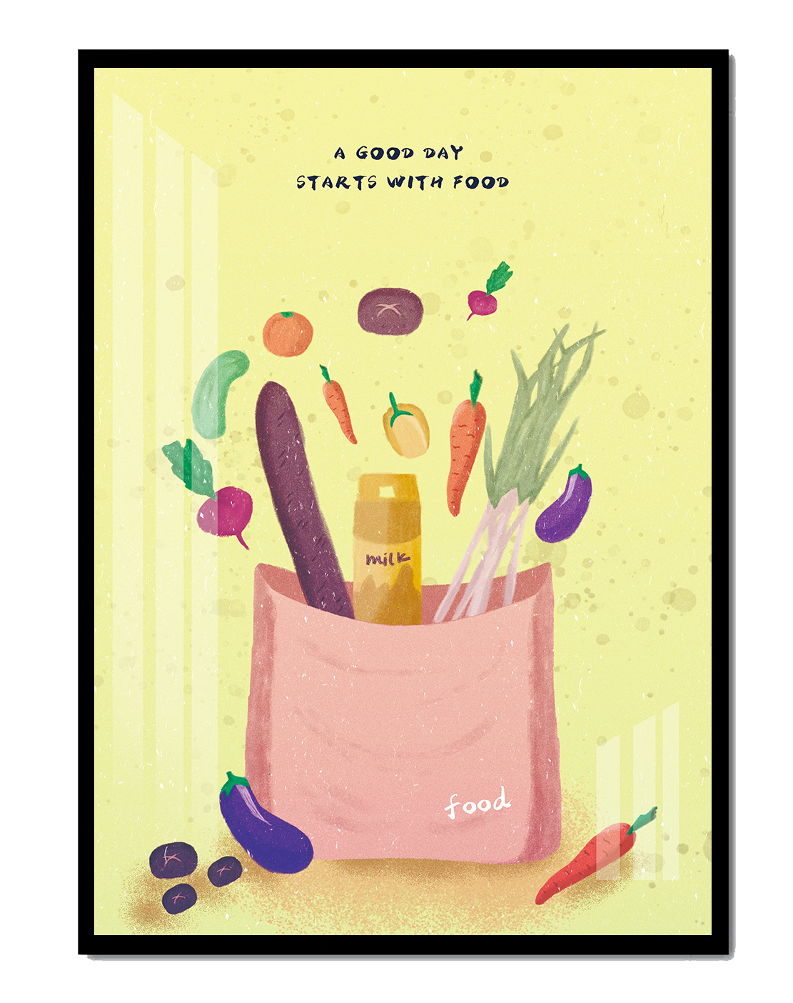Ilustración de vegetales frescos y leche en una bolsa de comestibles