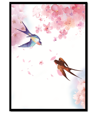 Pájaros coloridos y flores rosadas en una escena primaveral acuarelada