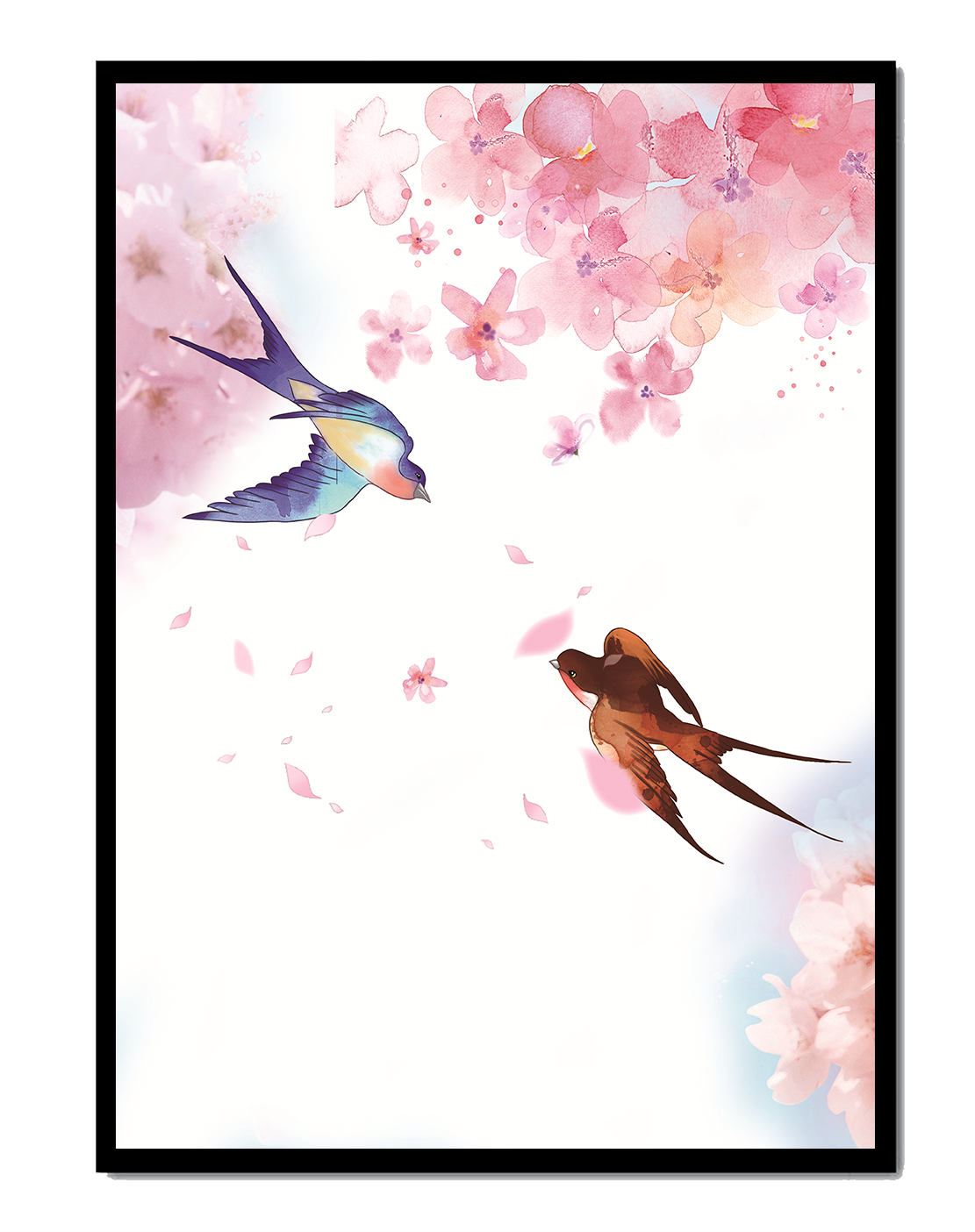 Colorful Birds and Pink Flowers in a Watercolor Spring Scene