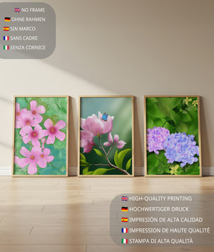 Ensemble de tableaux avec fleurs roses, papillon et hortensias