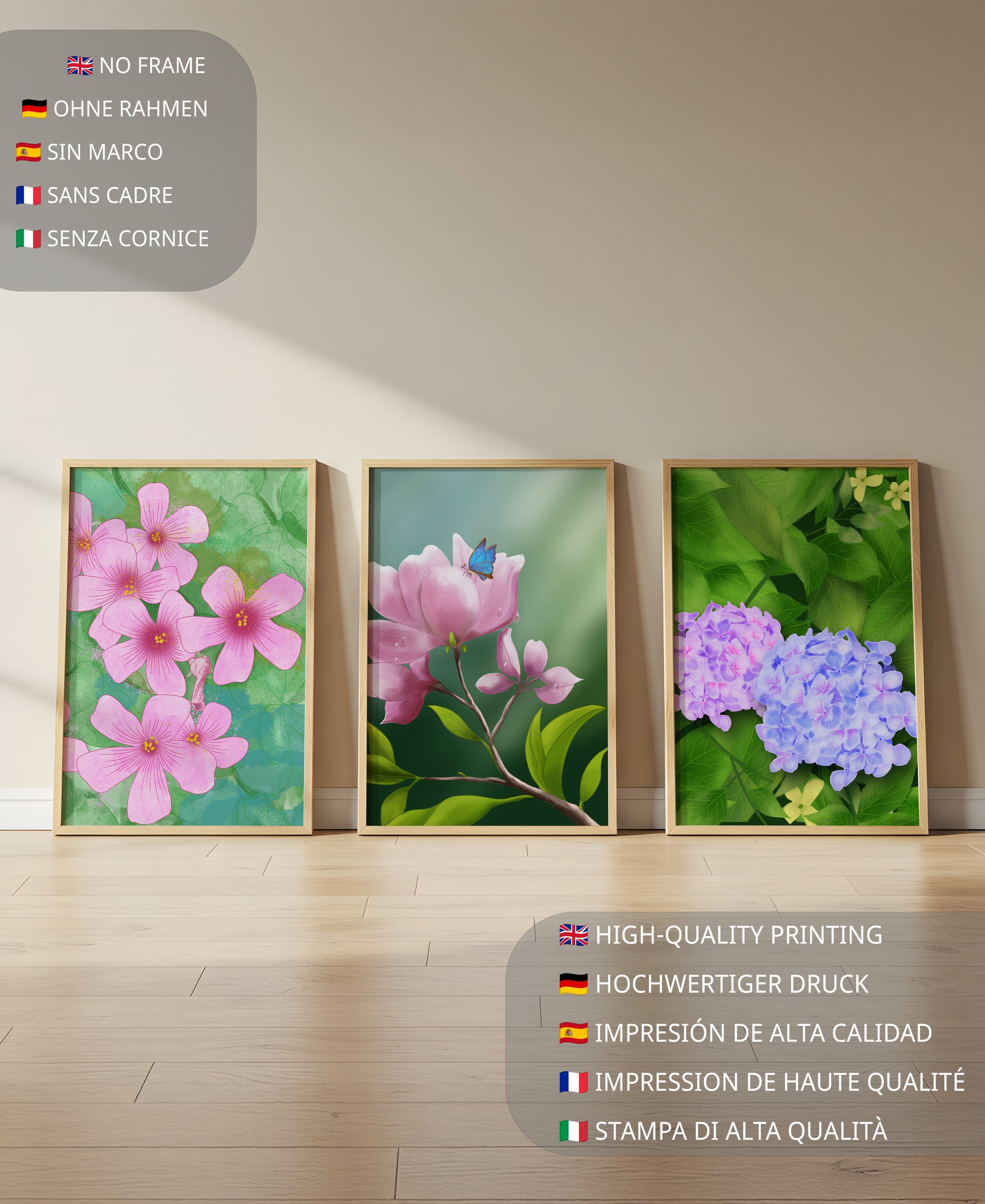 Ensemble de tableaux avec fleurs roses, papillon et hortensias