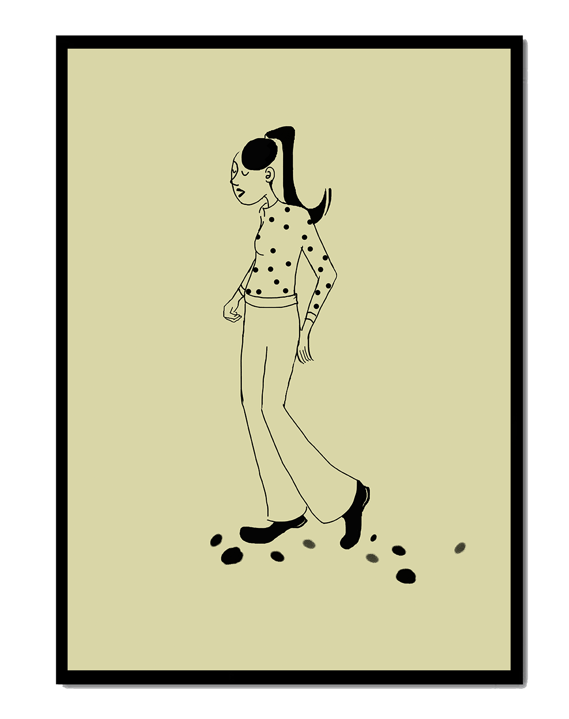 Illustration of a person walking in a polka dot shirt with ponytail