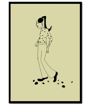 Illustration d'une personne marchant en chemise à pois avec une queue de cheval