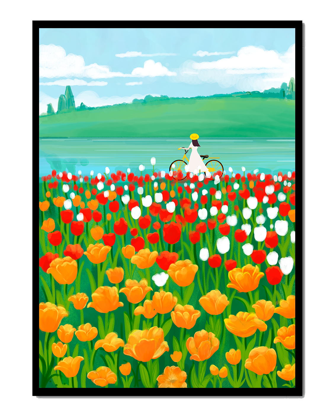 Woman with bicycle in vibrant tulip field by a lake
