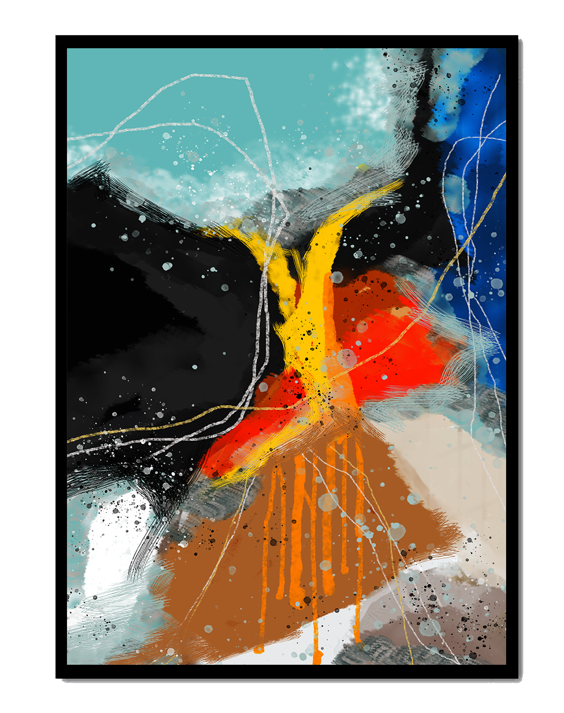 Abstract Expressionism Painting with Bold Color Splashes and Dynamic Lines