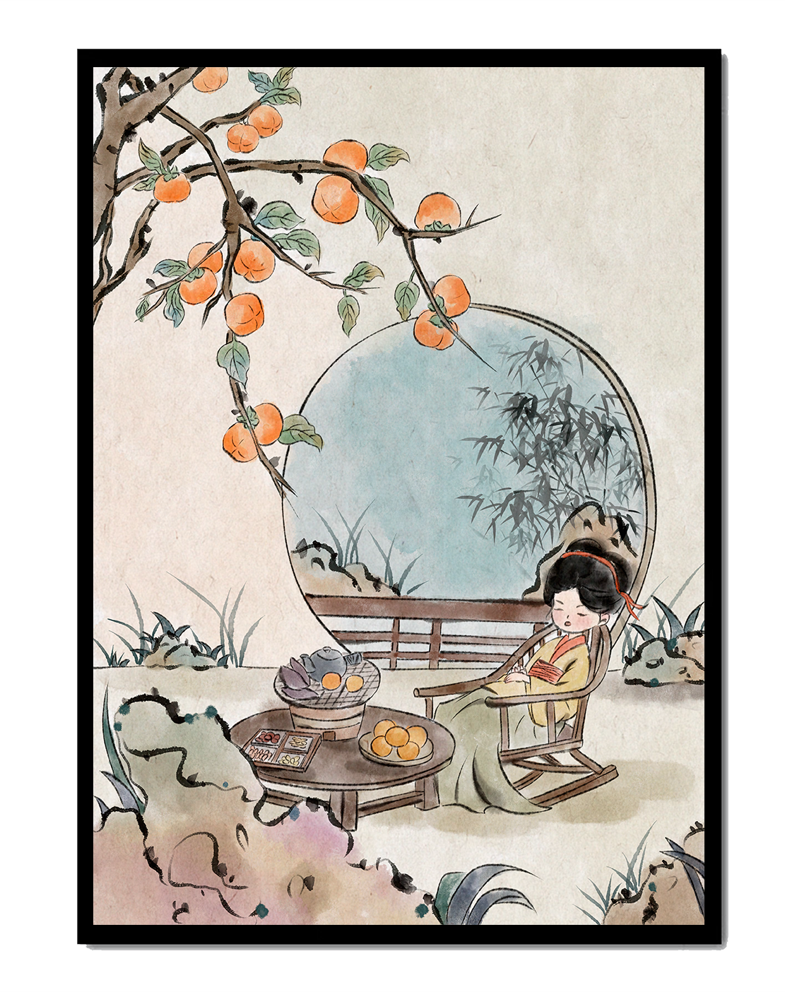 Tranquil garden scene with persimmons and serene figure