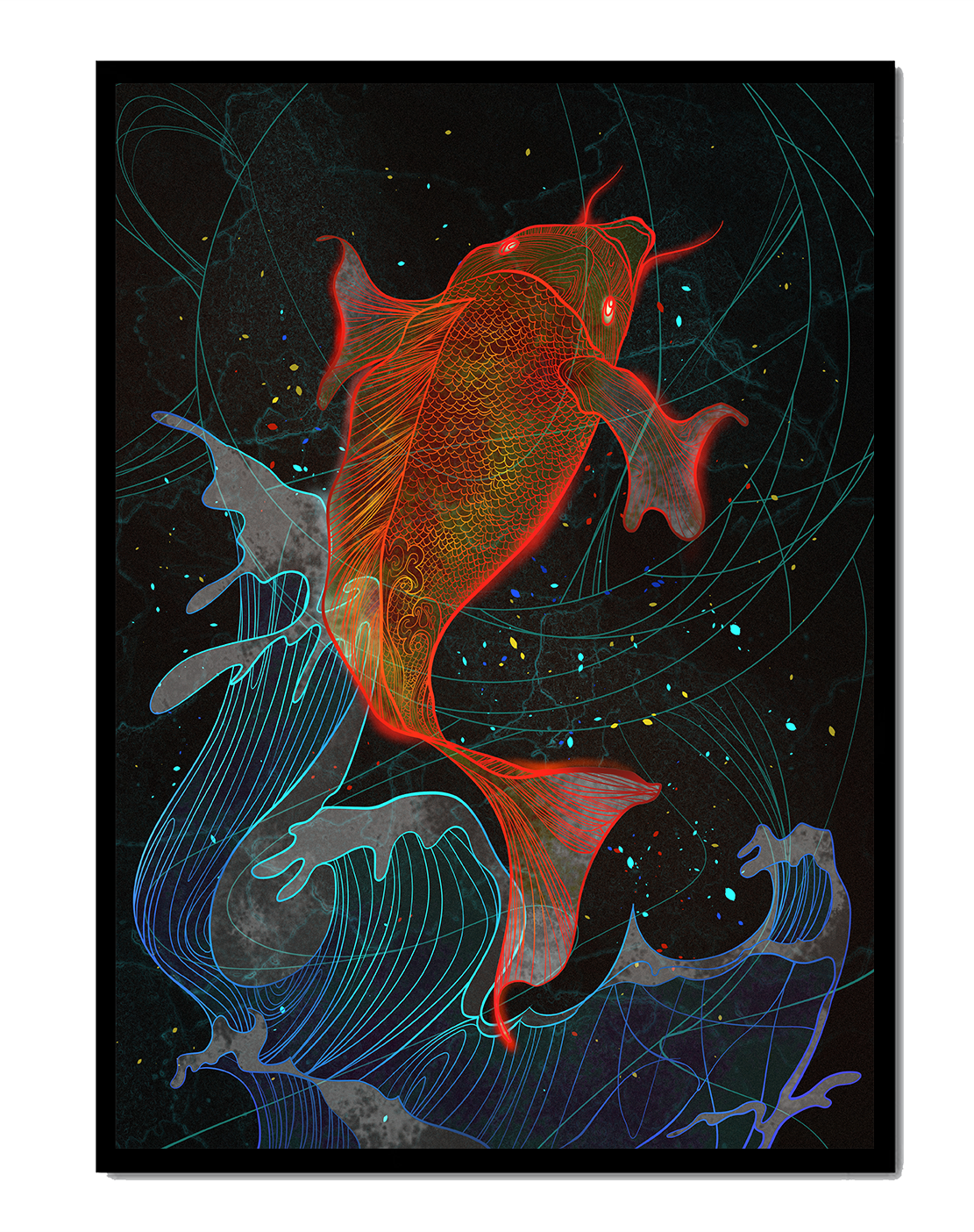 Koi Fish with Abstract Waves in Vibrant Colors
