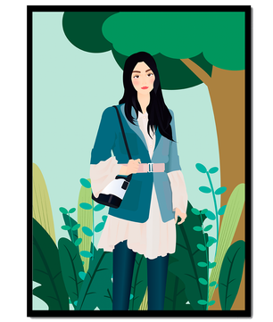 Illustrative portrait of a woman in a stylish outfit with nature backdrop