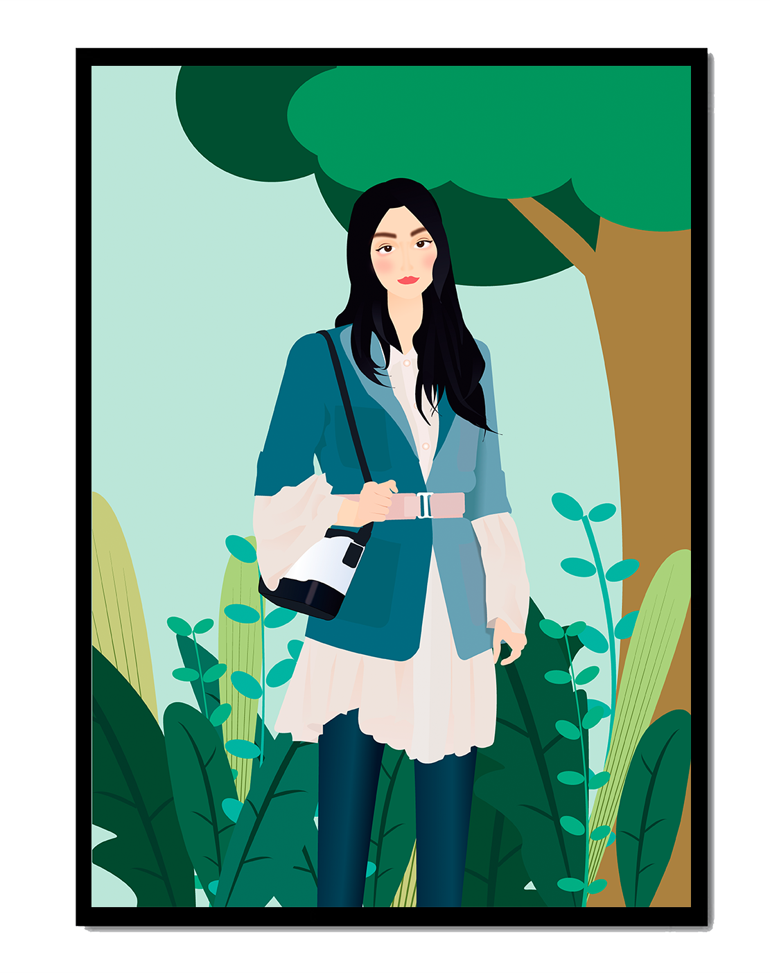 Illustrative portrait of a woman in a stylish outfit with nature backdrop