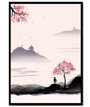 Paisaje sereno con árbol de cerezo y pagodas distantes