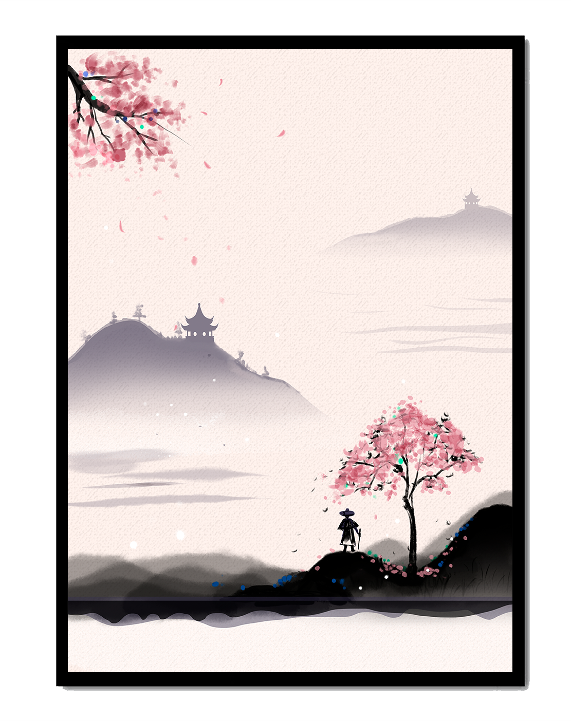 Paisaje sereno con árbol de cerezo y pagodas distantes