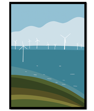 Wind Turbines on Rolling Hills Against a Clear Blue Sky
