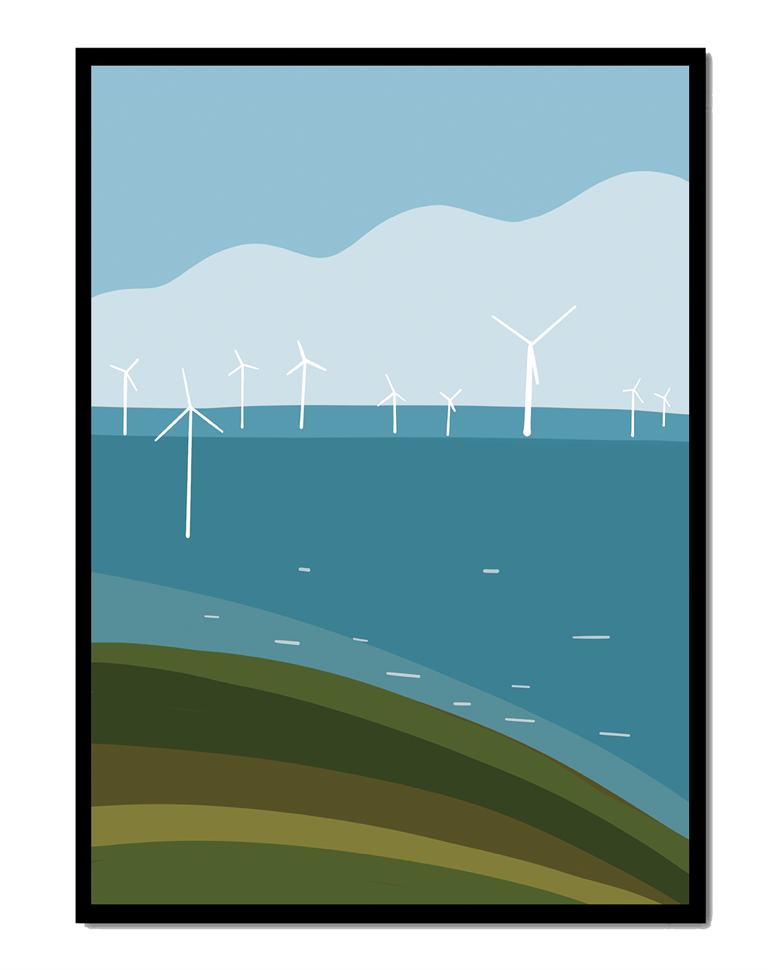 Wind Turbines on Rolling Hills Against a Clear Blue Sky