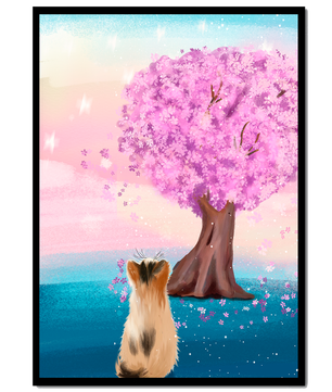 Serene scene with cat and blossoming cherry tree at sunrise