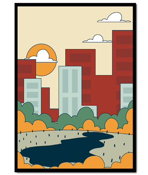 Cityscape At Sunset With Park And Lake