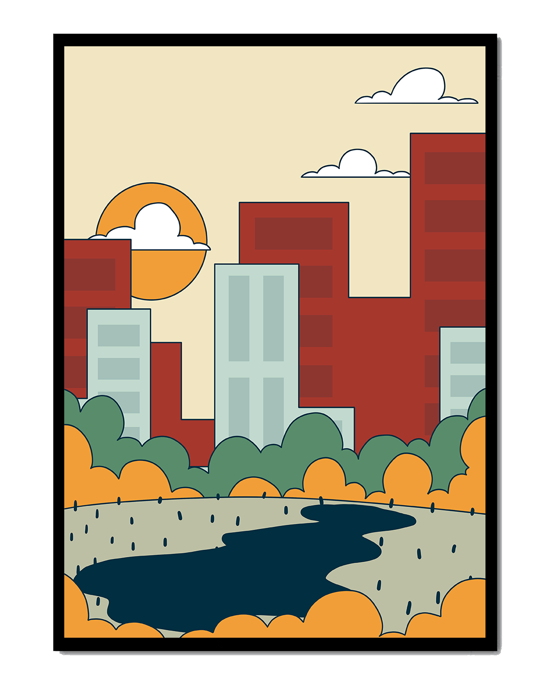 Cityscape At Sunset With Park And Lake