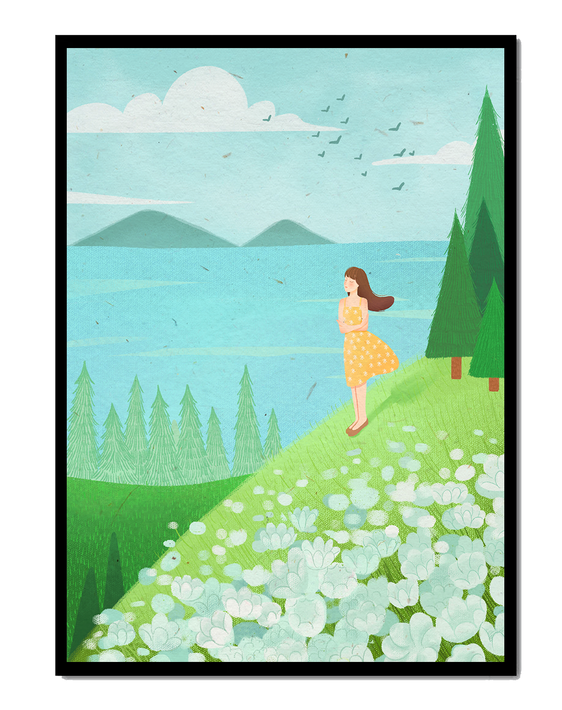 Mujer en vestido amarillo en la ladera con flores y árboles