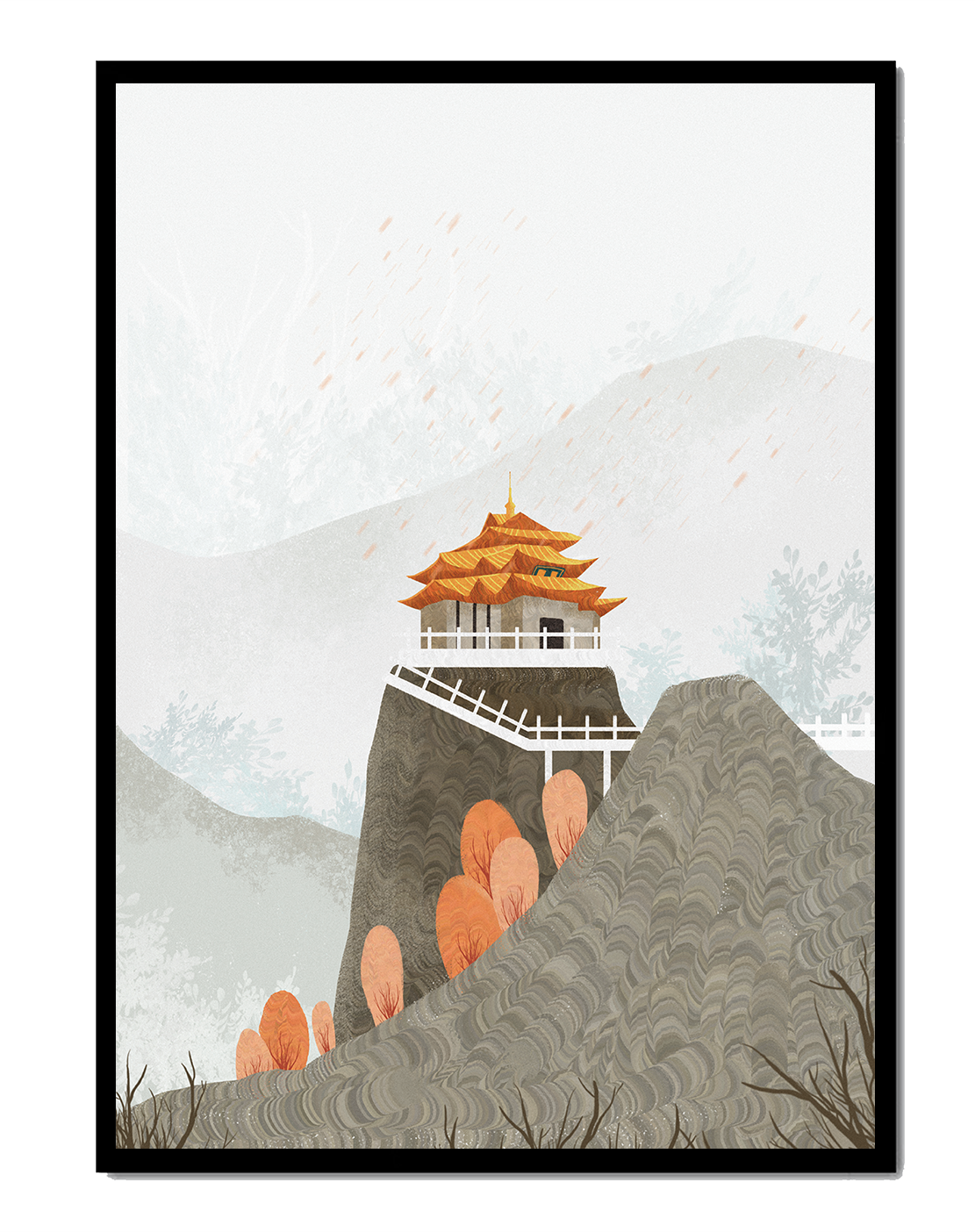 Serene landscape with traditional pagoda and autumn trees
