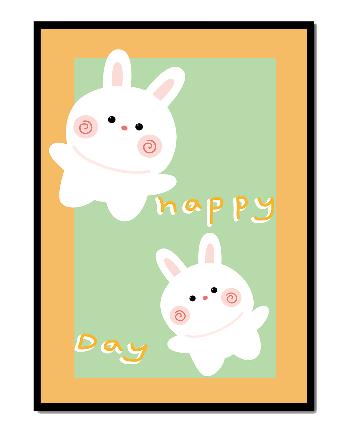 Playful cartoon rabbits with happy day message on colorful background