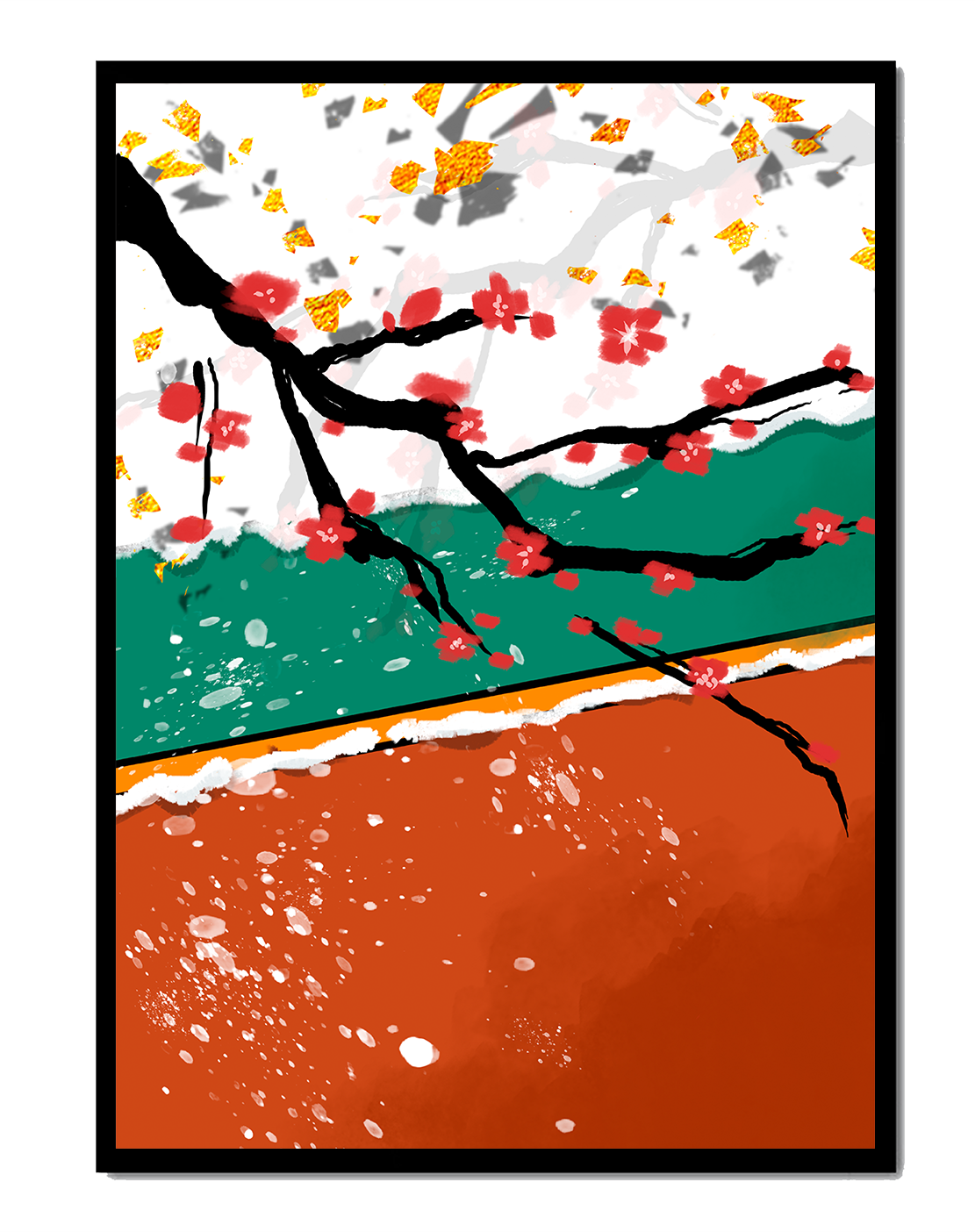 Artistic depiction of blossom branches with gold elements and abstract background