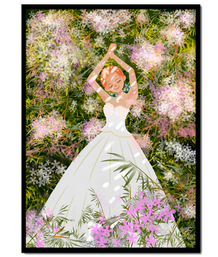 Mujer en vestido blanco acostada entre flores en un jardín