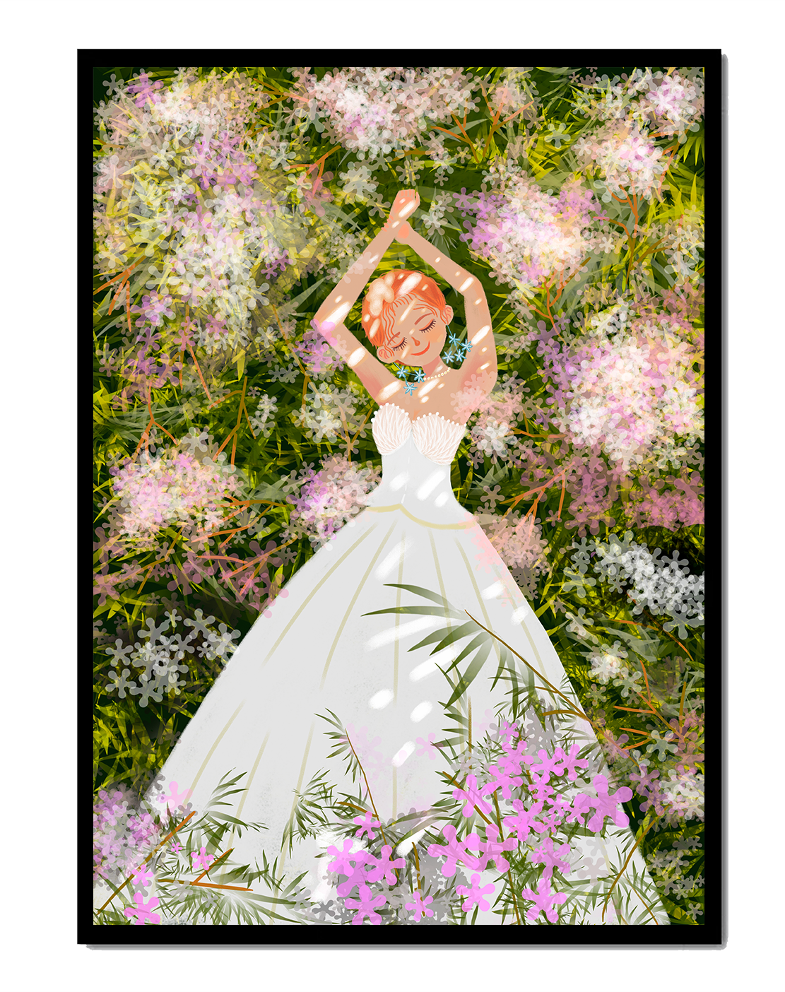 Woman in white dress lying among flowers in a garden