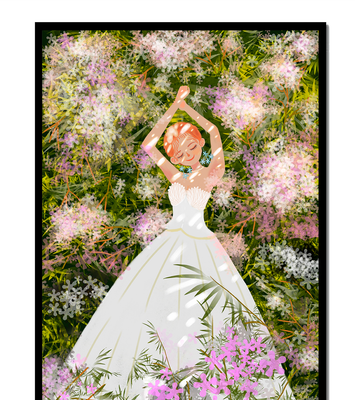 Woman in white dress lying among flowers in a garden
