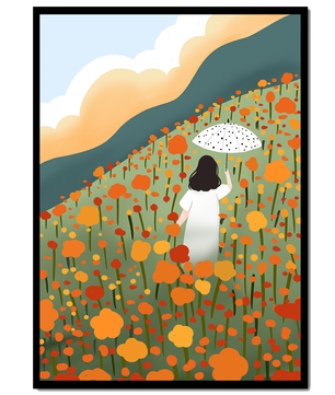 Woman with Umbrella in Blooming Field on a Sunny Day