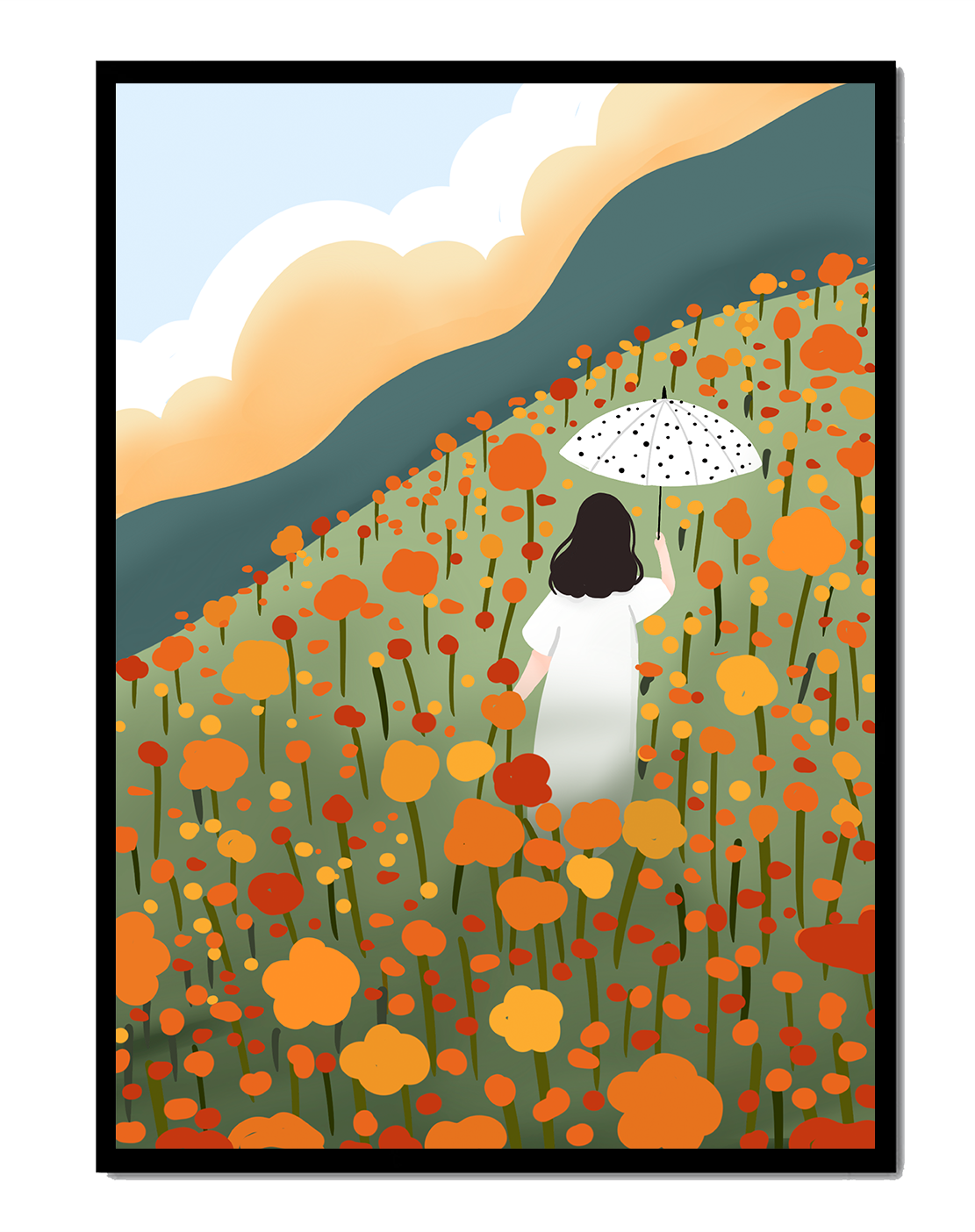 Woman with Umbrella in Blooming Field on a Sunny Day