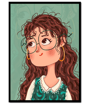 Illustration of a Thoughtful Girl with Glasses and Curly Hair