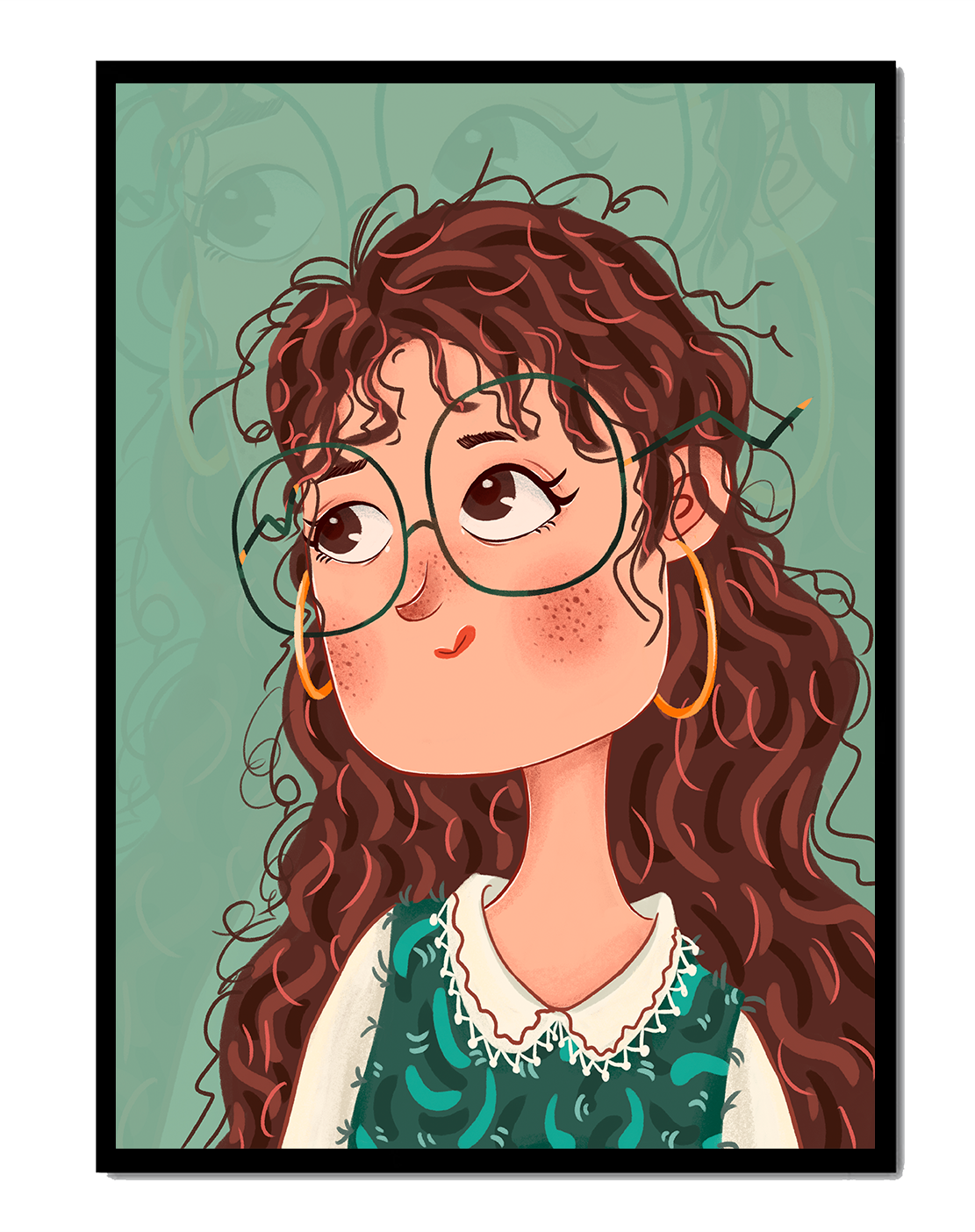 Ilustración de una chica pensativa con gafas y pelo rizado