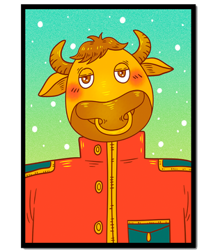 Cartoon cow character in a red coat against a snowy background