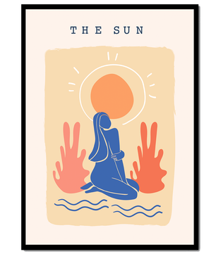 Modern abstract art poster featuring the sun and a serene figure in blue and coral tones - Mi tienda