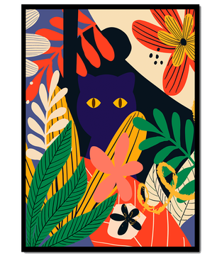 Ilustración abstracta colorida con un gato y patrones florales