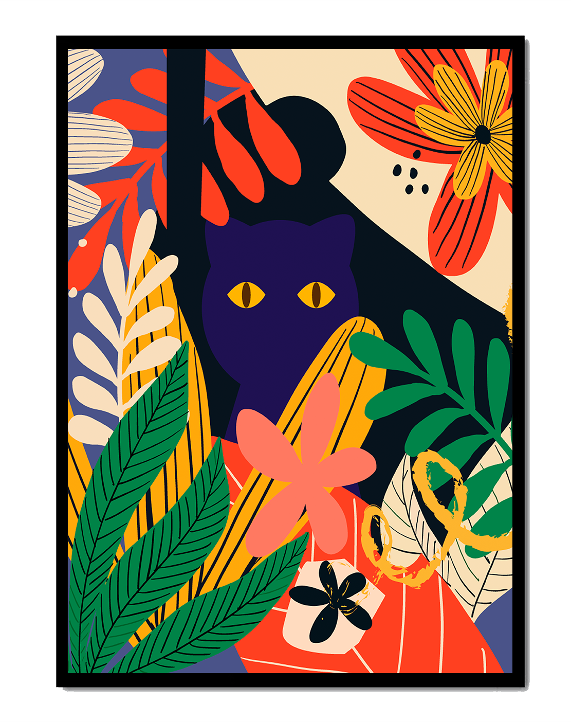 Colorful abstract illustration featuring a cat and floral patterns
