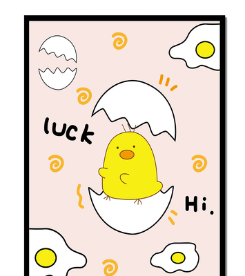 Chick hatching from an egg with cheerful expressions and fried egg motifs