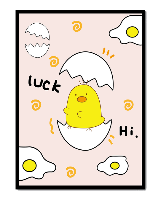 Chick hatching from an egg with cheerful expressions and fried egg motifs