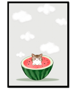 Whimsical art of a kitten in watermelon with clouds