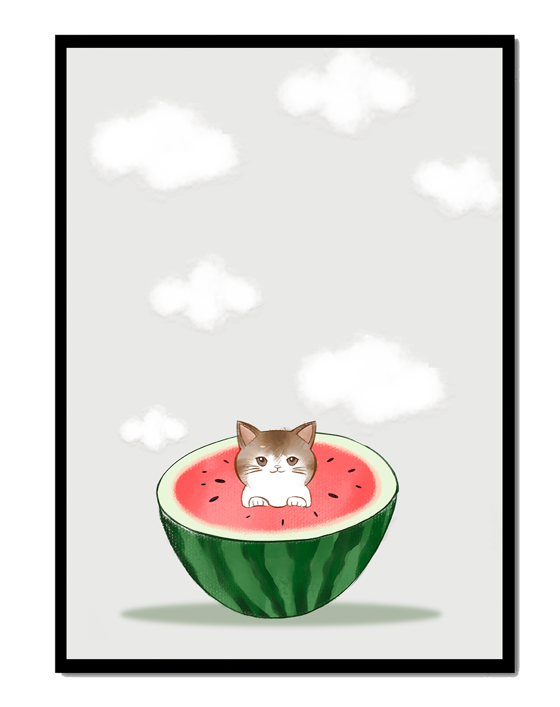 Whimsical art of a kitten in watermelon with clouds