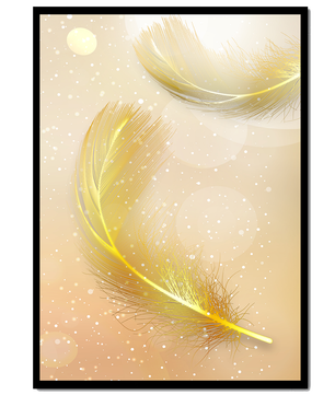 Elegant golden feathers with sparkling particles on soft background