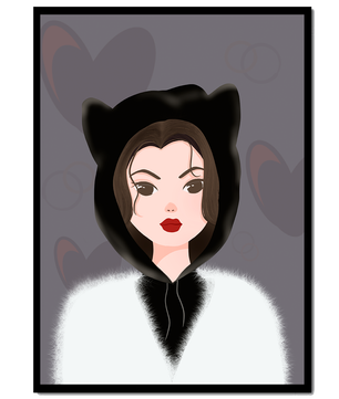 Illustration of a woman in a cat hoodie on a soft gray background