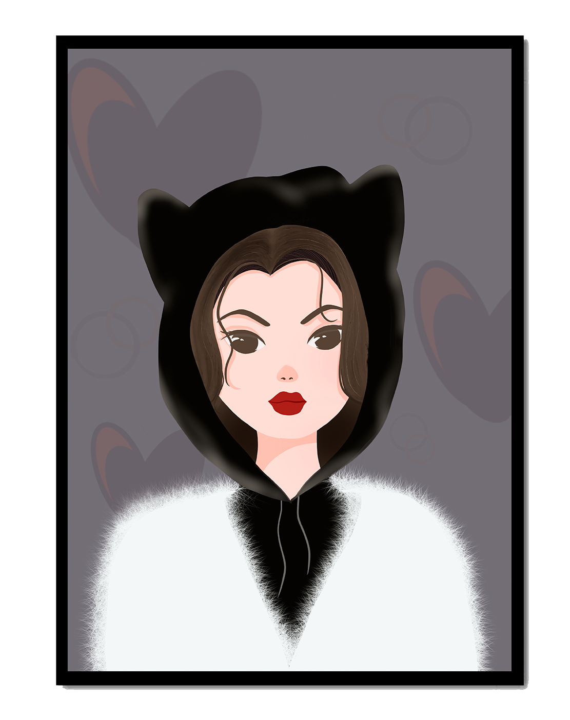 Illustration of a woman in a cat hoodie on a soft gray background