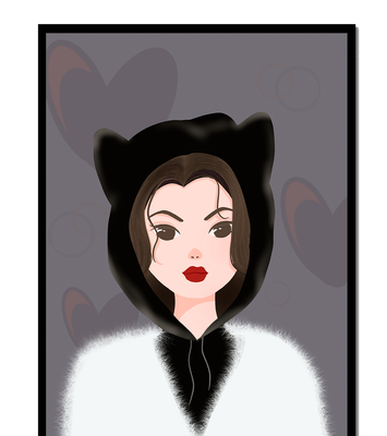 Illustration of a woman in a cat hoodie on a soft gray background