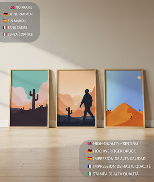 Ensemble d'impressions artistiques de paysages désertiques avec des silhouettes et des cactus